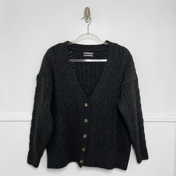 Anthropologie Black Classic Pointelle Cable Knit Cardigan Sweater - Picture 6 of 9